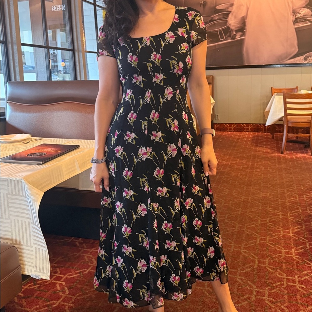 Neiman Marcus Black Dress with Pink Floral Pattern 100% silk